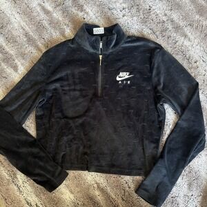 Nike Air Womens Black Velour 1/4 Zip Long Sleeve Sweater L Crop All Over Print